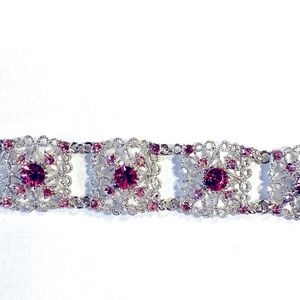 Pink Stone Vintage Silver Tone Multi-Row Rhinestone Bracelet Adjustable Chain